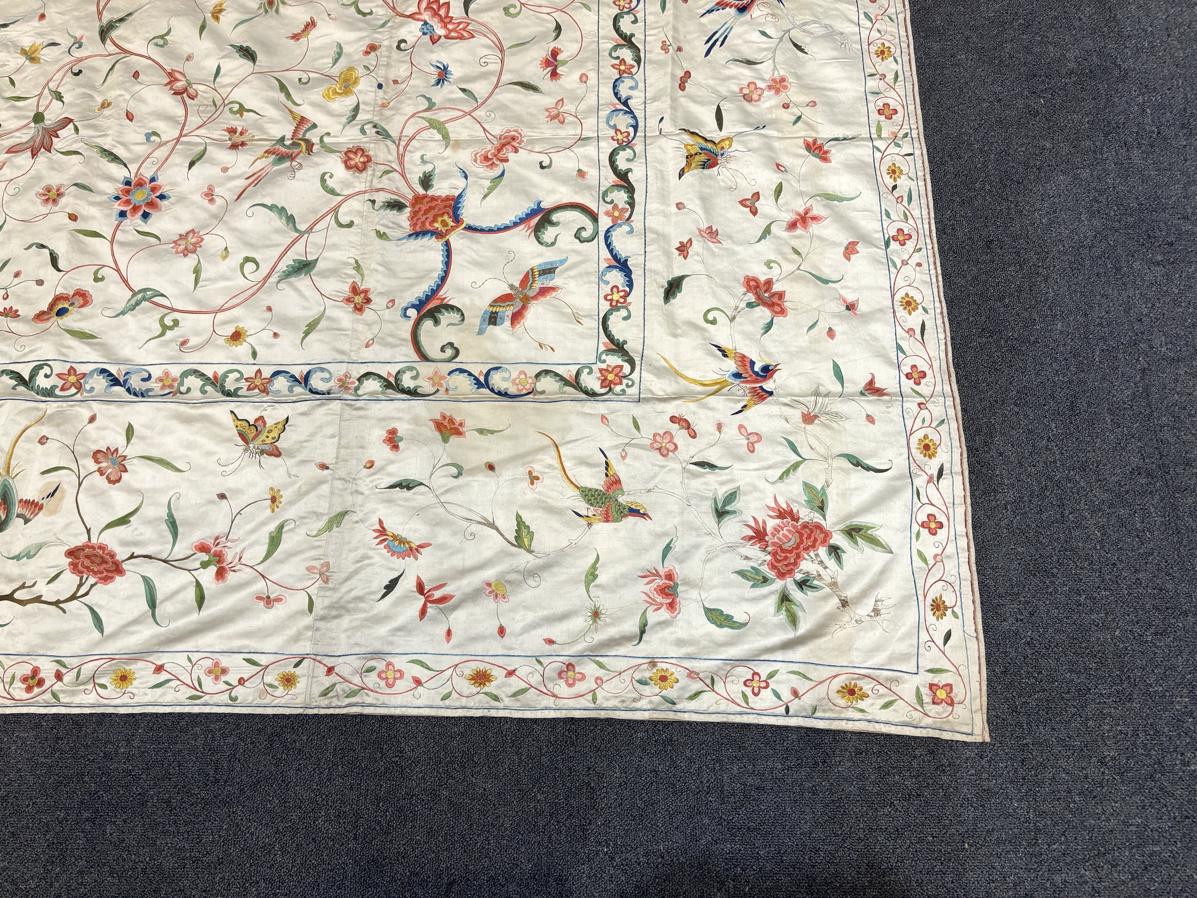 A fine Chinese 19th century silk polychrome embroidered cream silk bed cover, 290cm long x 278cm wide (both curtains together)